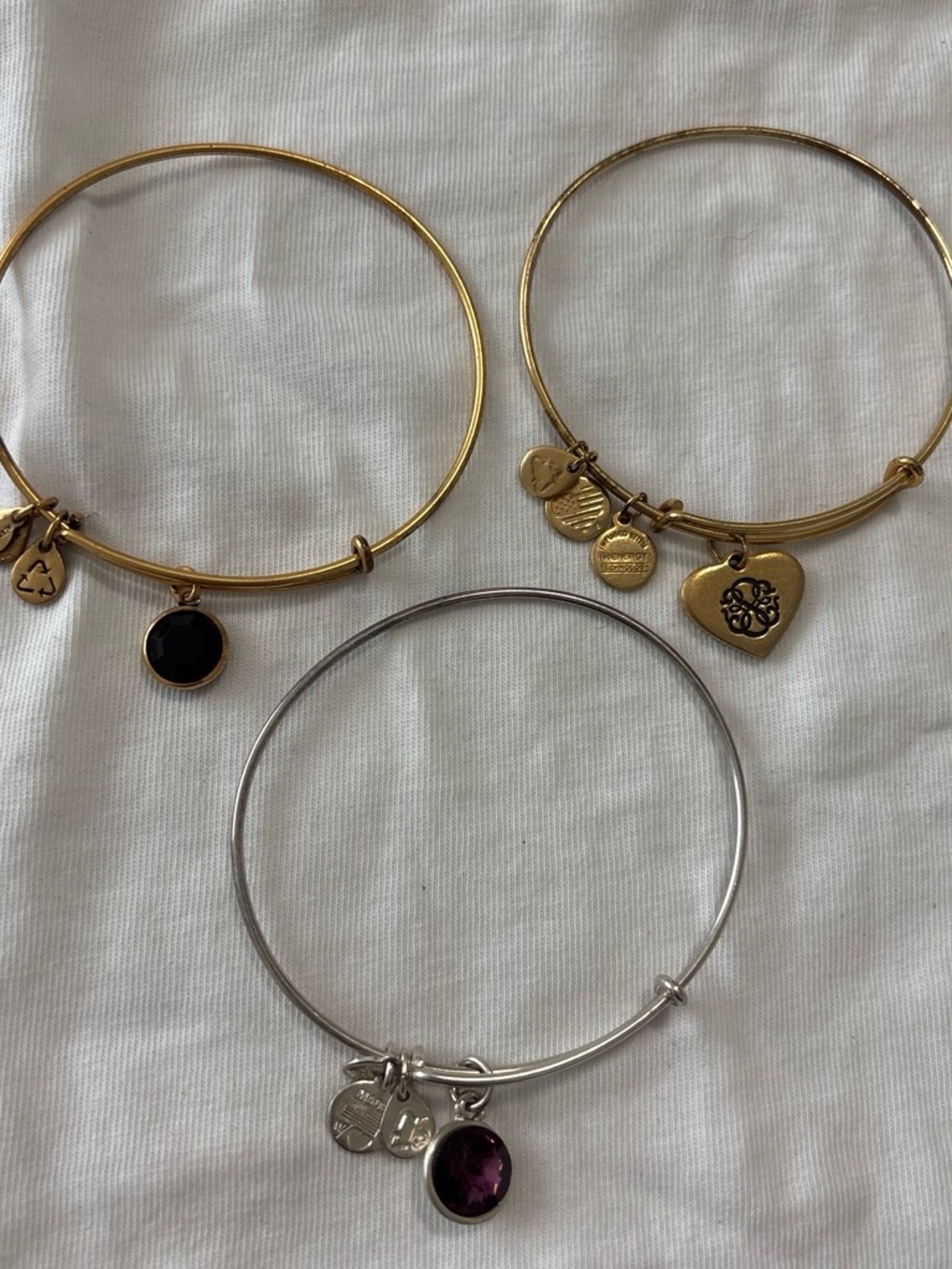 Alex and Ani Gold and Silver Charm Bangle Set with Black and Purple Gemstones